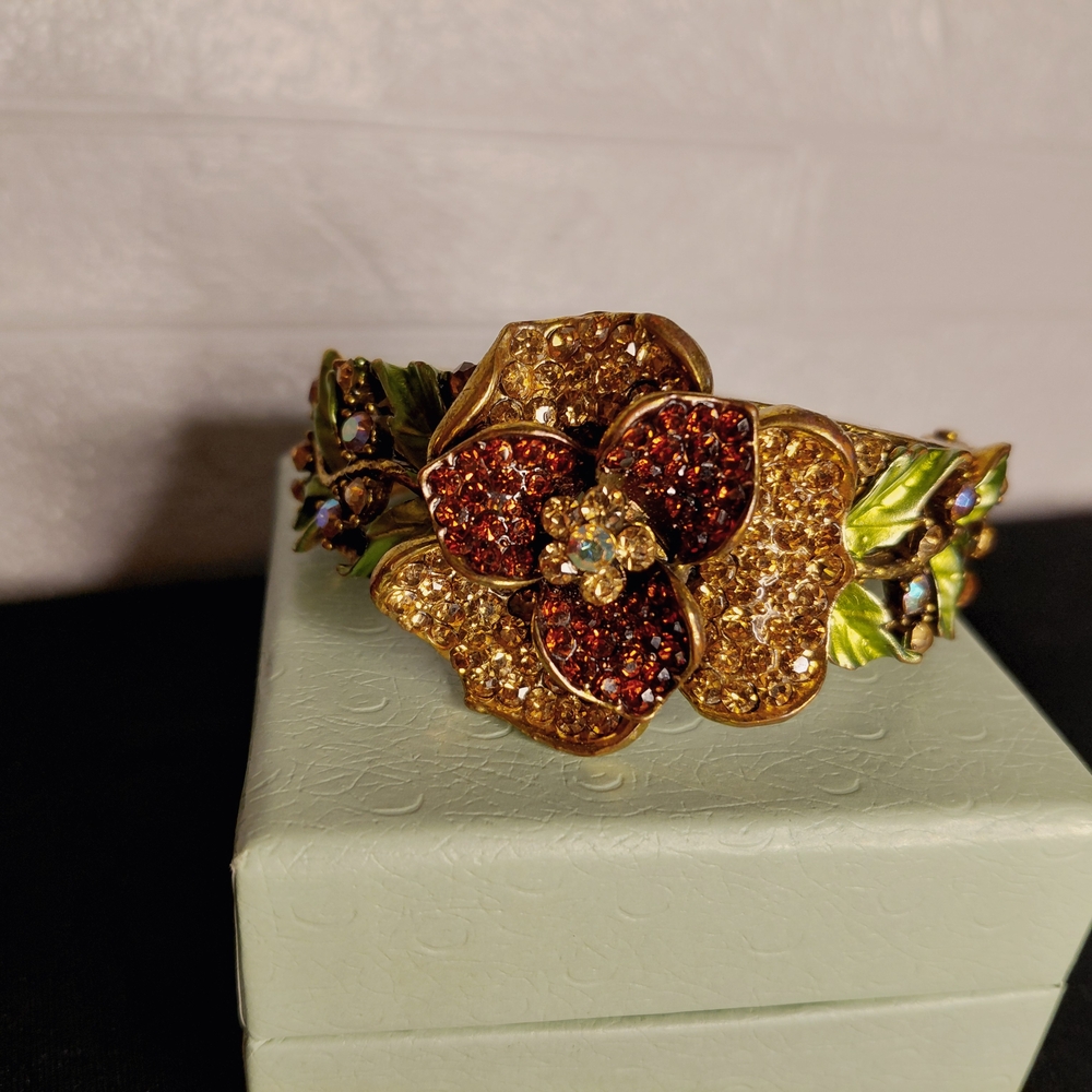 Floral Gold and Red Bracelet with Green Accents